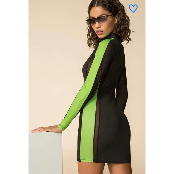 Superdown Mesh Long Sleeve 1/4 Zip Bodycon Mini Dress Black Green Womens Small - Picture 2 of 12
